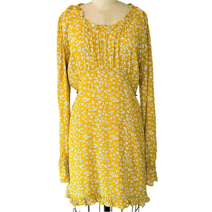 Monte The Label Long Sleeve Daisy Print Ruffle Mini Dress In Yellow Size S